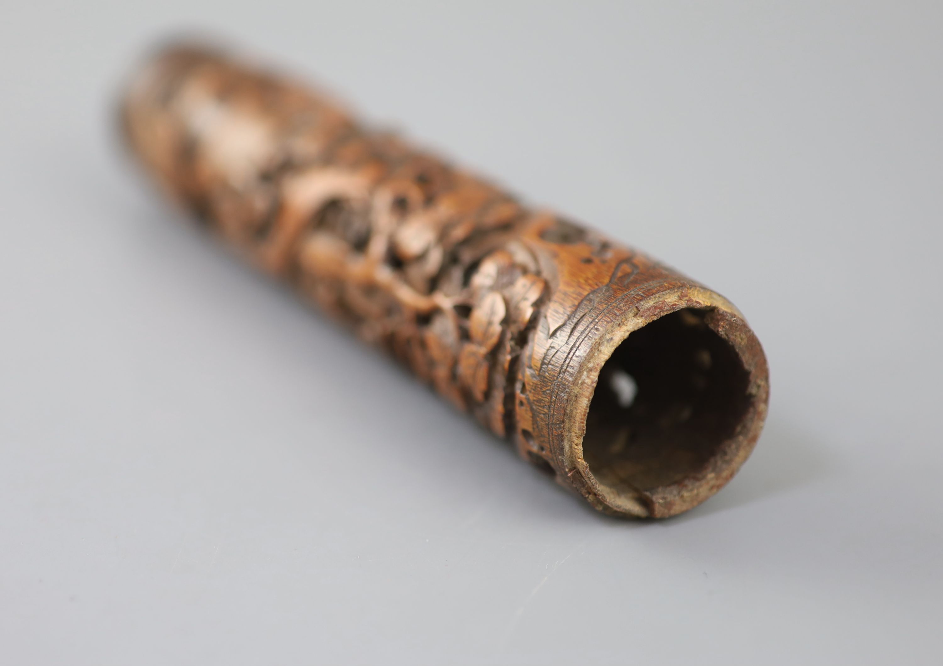 A Chinese bamboo landscape and figures perfume holder, 18th century,